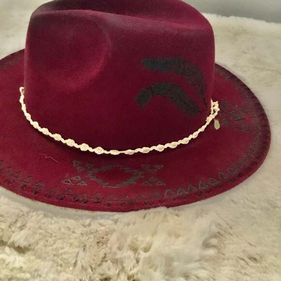 Hand Burned Fedora Ranch Felt Hat with Band Wine Color Country Chic main image 6